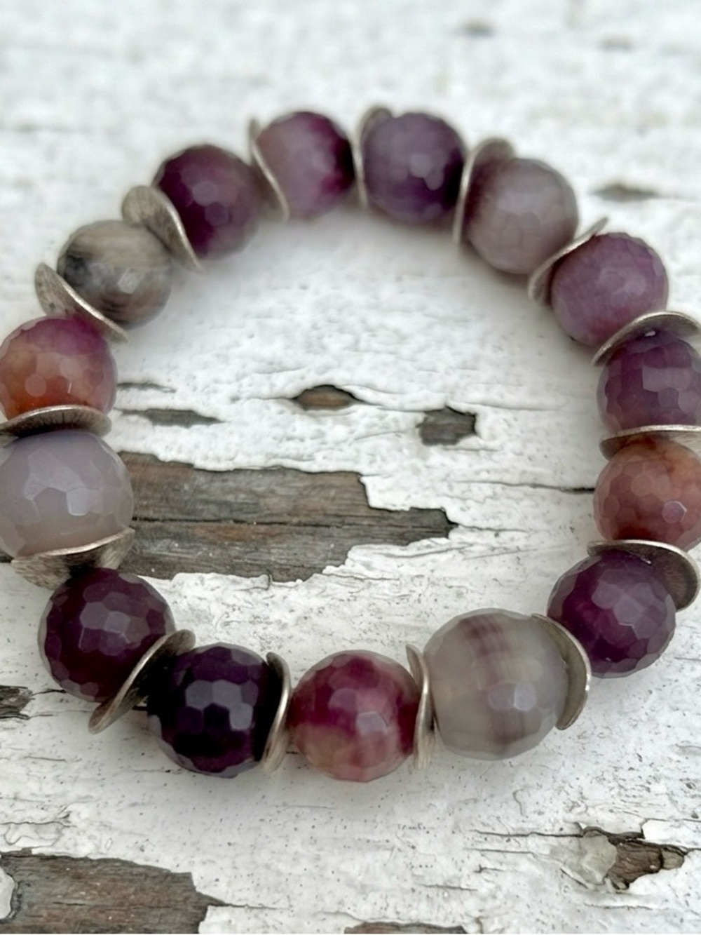 Faceted Agate Stretch Bracelet in Purple and Gray with Silver-Tone Spacers